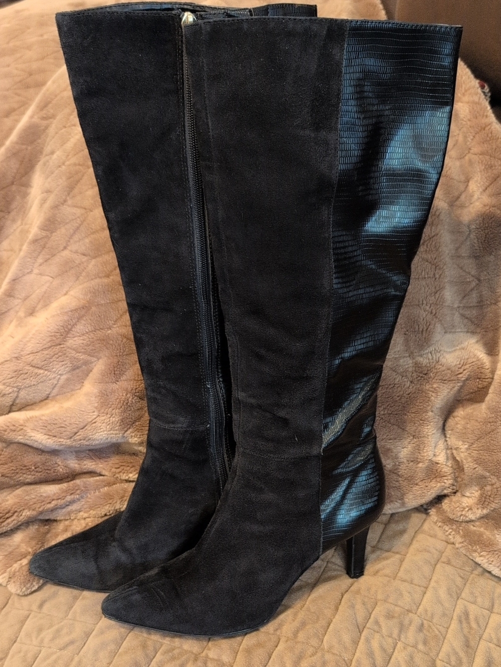 Bandolino Black Suede and Textured Panel Knee-High Heeled Boots